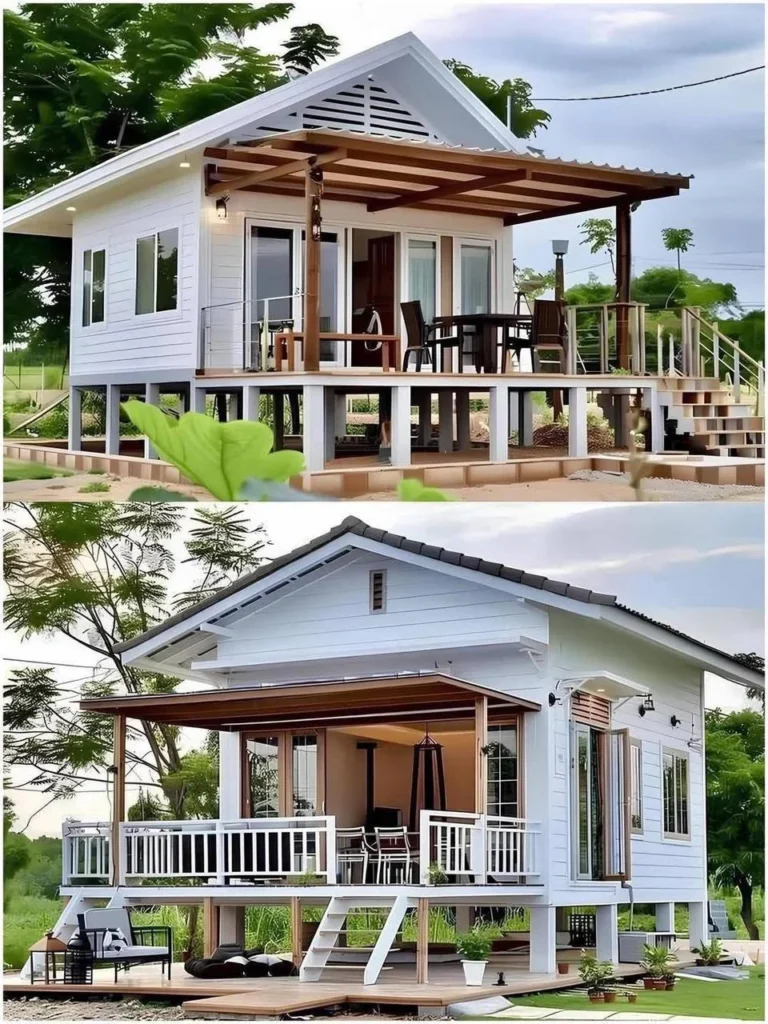 Elevated small tropical home with wrap-around veranda, airy open-concept design, and large windows for optimal ventilation and views.