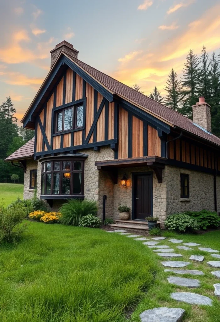 Classic Tudor Cabin with Stone Foundation and Half-Timbering Details