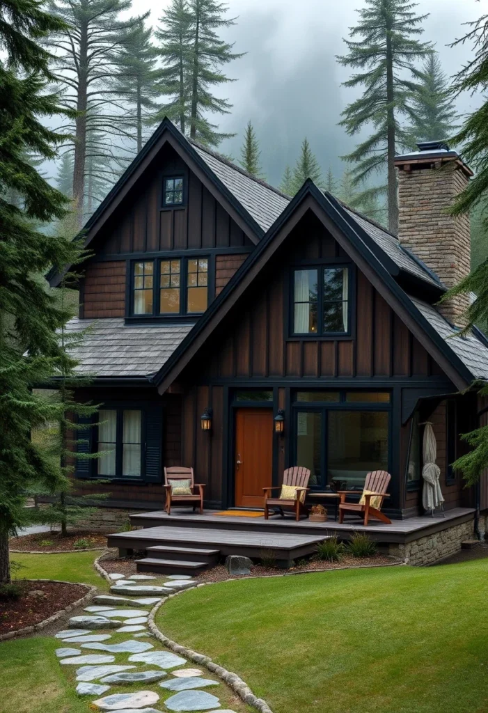 Dark Wood Tudor Cabin with Multiple Gables and Large Deck