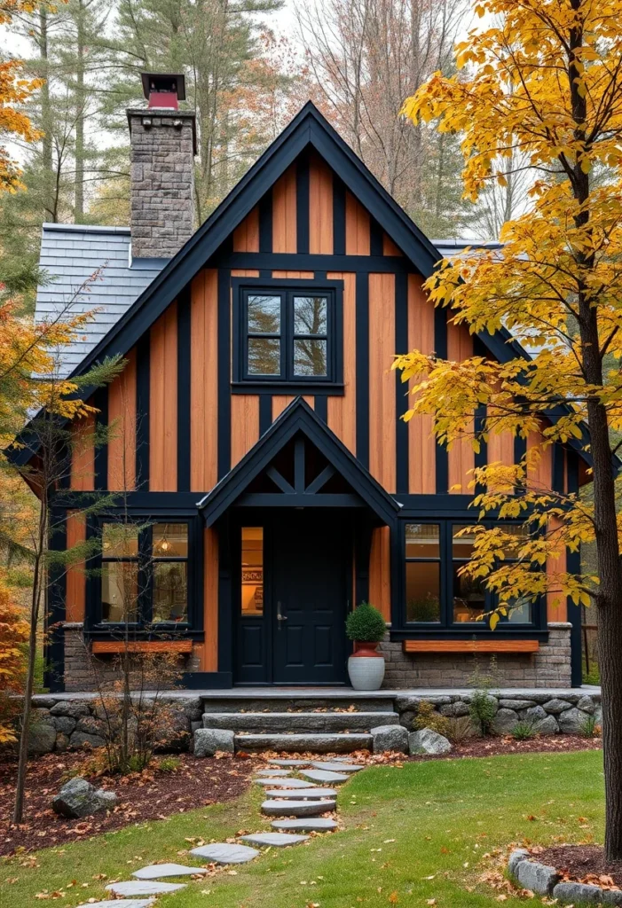 Tudor Cabin with Orange and Black Half-Timbering in Autumn Setting