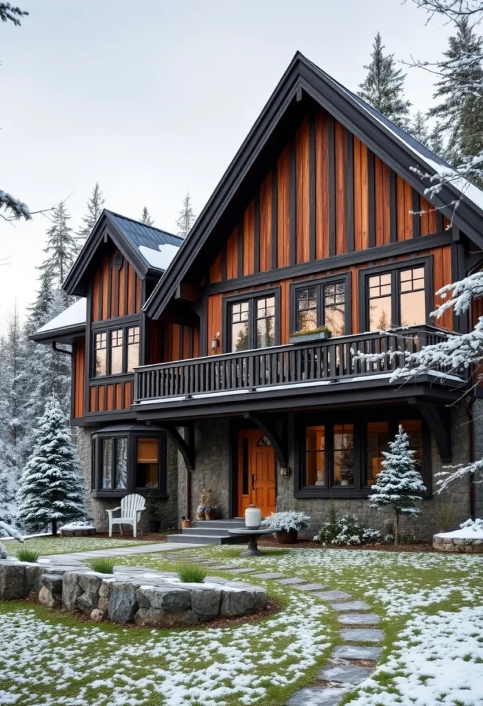 Barndominium with Tudor-Style Vertical Siding and Second-Story Balcony in Winter