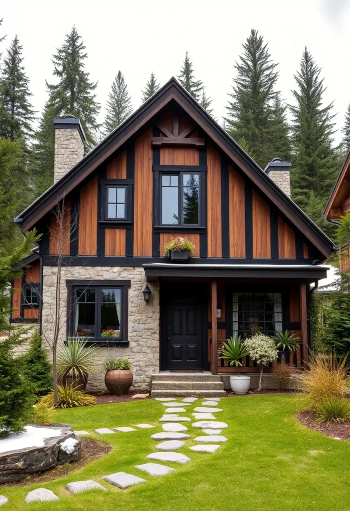 Wood-Paneled Tudor Cabin with Black Trimmed Windows and Stone Accents