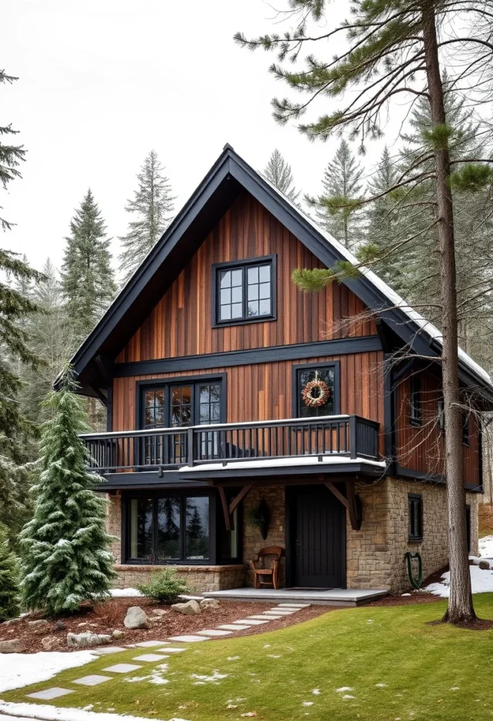 Wood-Sided Tudor Cabin with Large Balcony and Stone Foundation