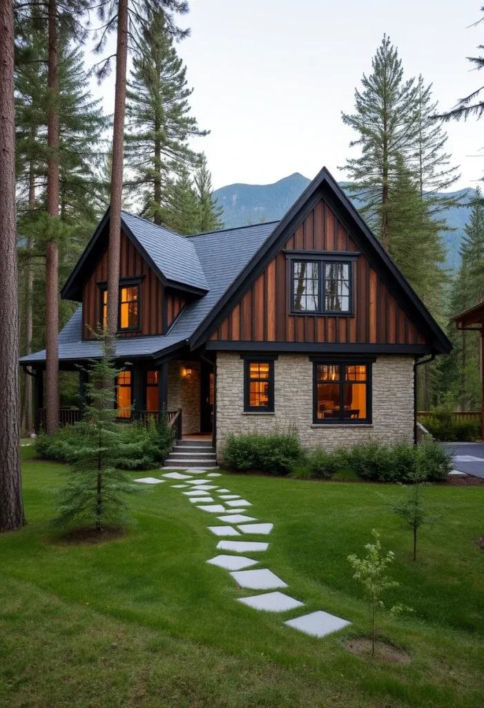 : Tudor Cabin wCedar Siding, Stone Accents, and Covered Porch