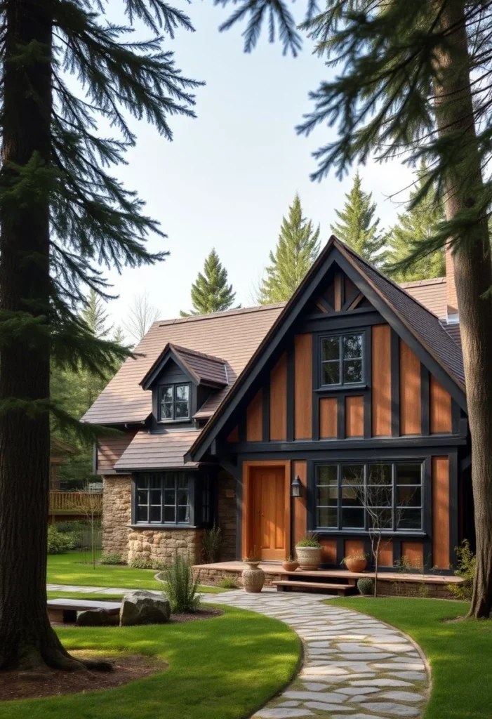 Tudor-Inspired Home with Stone, Vertical Siding, and Dark Timber Accents