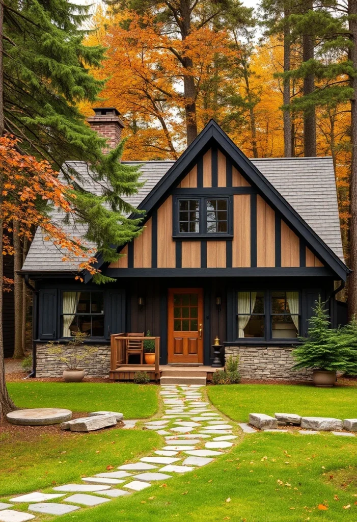 Tudor Cabin with Natural Wood Door Framed by Evergreen and Deciduous Trees