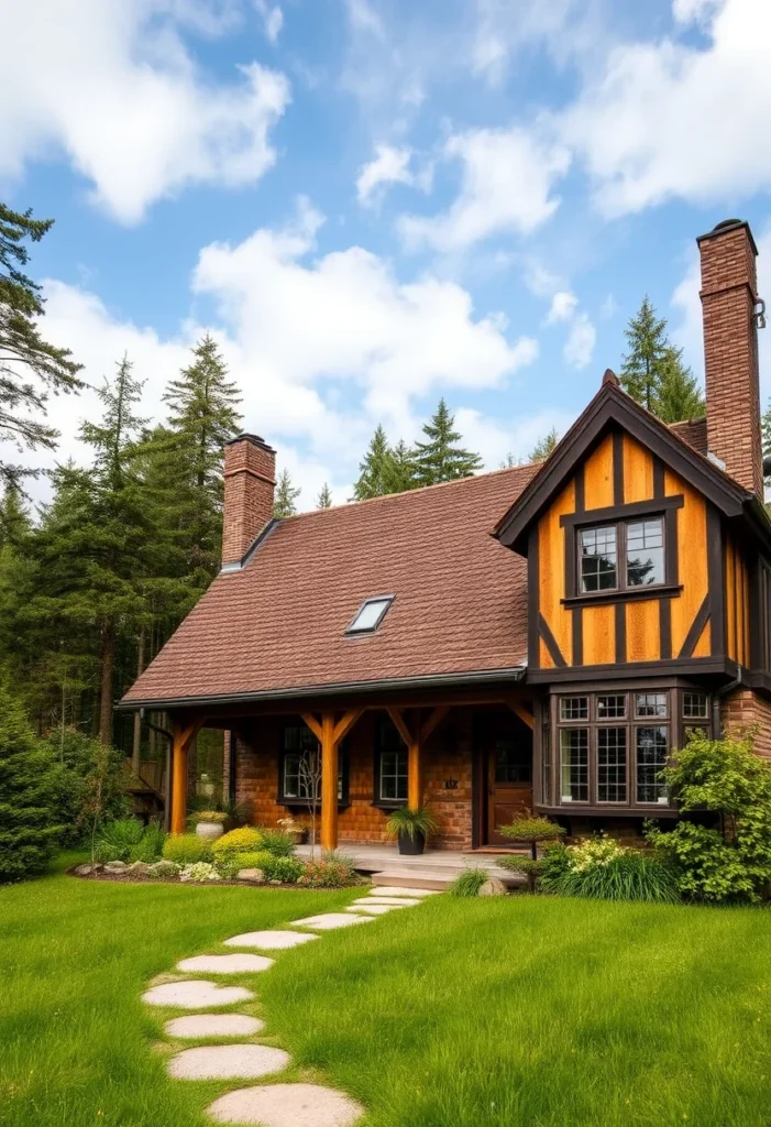 Tudor-Inspired Home with Two Large Brick Chimneys and Bay Window