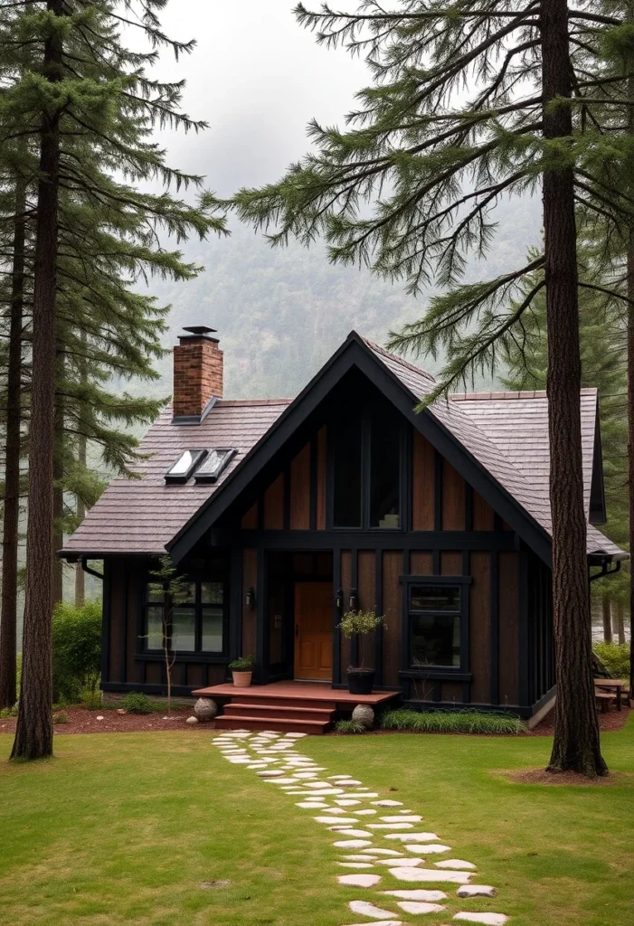 Dark Wood Tudor Cabin Nestled Among Tall Pine Trees