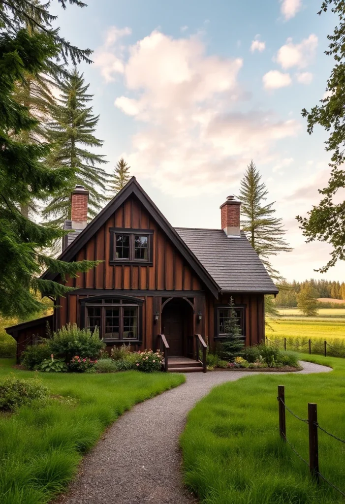 Tudor-Style Cabin with Arched Doorway in a Countryside Setting