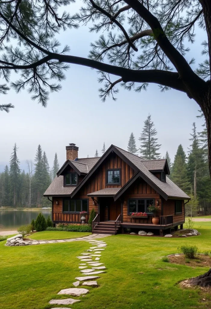 Cedar-Sided Tudor Cabin with Multiple Gables and Lakeside View