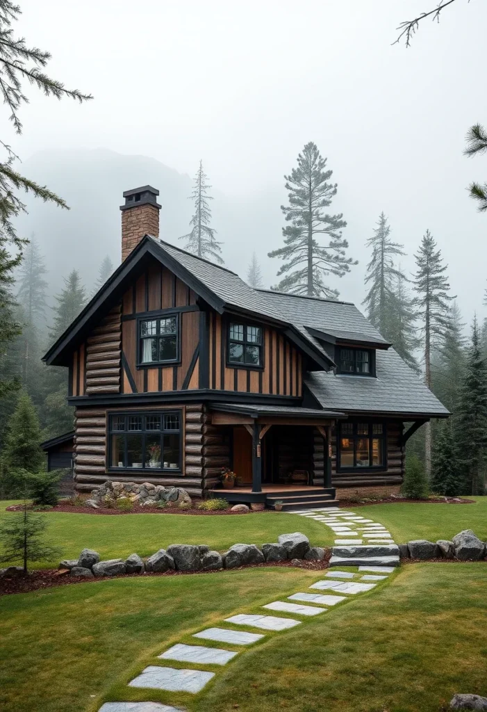 Log Cabin with Tudor-Style Roof, Black Trim, and Stone Chimney