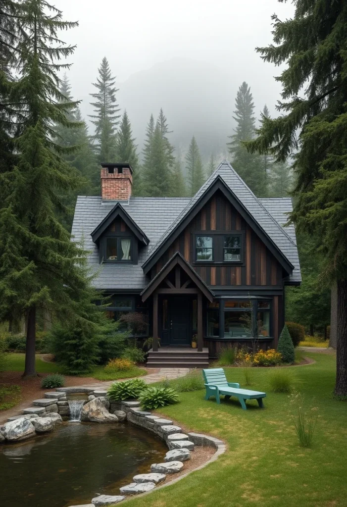 Tudor-Inspired Home with Light Stone Facade, Dark Wood Siding, and Covered Porch