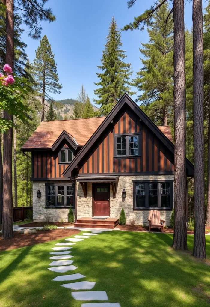 Tudor-Style Home with Stone Foundation, Vertical Siding, and Welcoming Front Porch