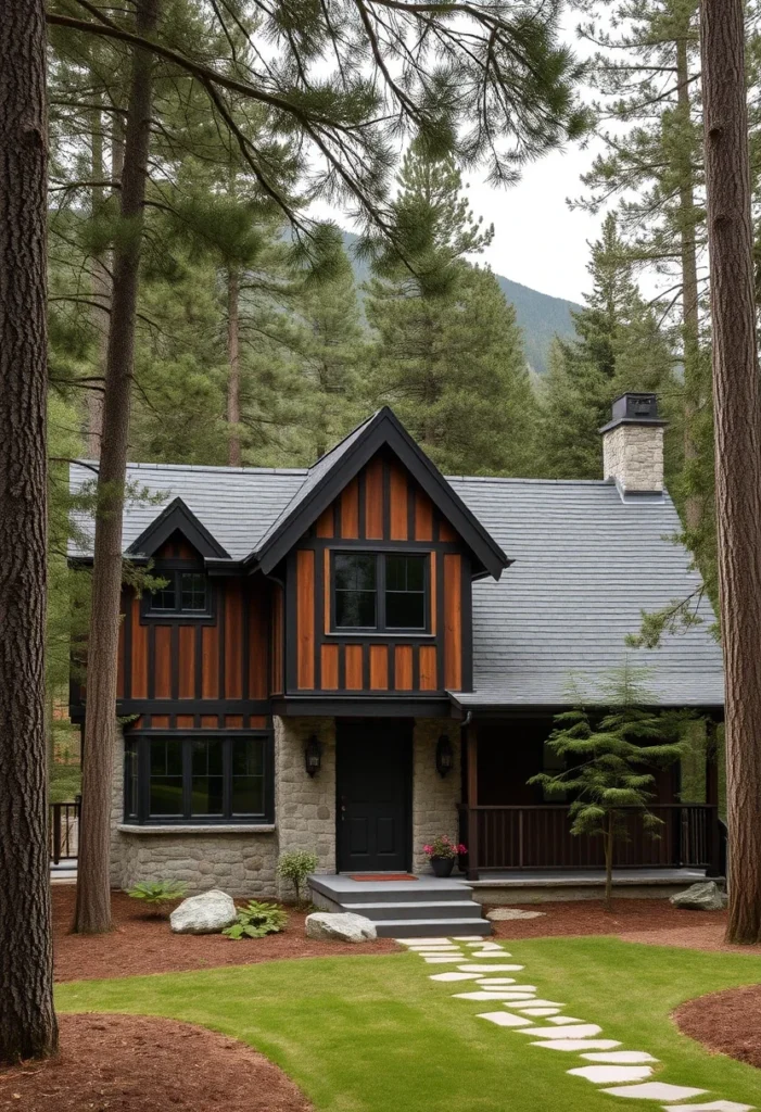 : Tudor-Style Home with Stone and Wood Siding Framed by Tall Pine Trees