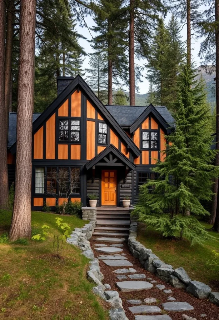 Tudor-Inspired Cabin with Bold Orange Door and Stone Retaining Wall