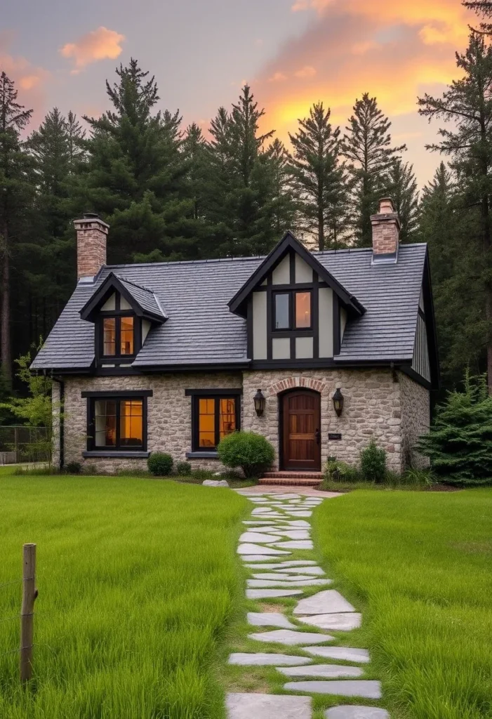 Stone Tudor Cottage with Half-Timbering and Twin Brick Chimneys