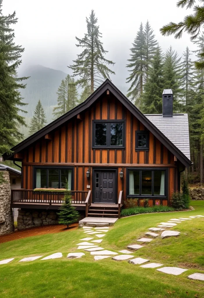 Tudor-Inspired Cabin with Vertical Wood Siding and Large Deck