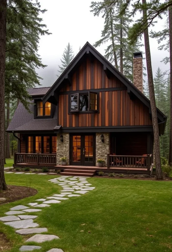 Tudor-Inspired Home with Stone Foundation, Covered Porch, and Wood Siding