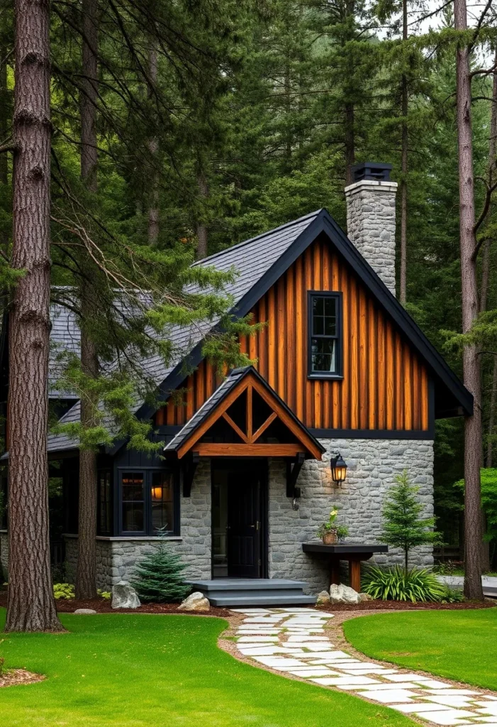 Small Tudor-Style Cabin with Stone Facade and Wood Siding in a Forest Setting