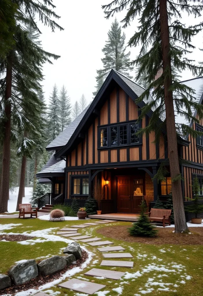 Tudor-Style Home with Half-Timbering Details in a Snowy Winter Setting