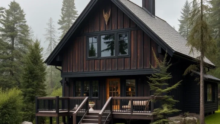 Dark-Stained Tudor-Style Home with Steeply Pitched Roof and Large Deck