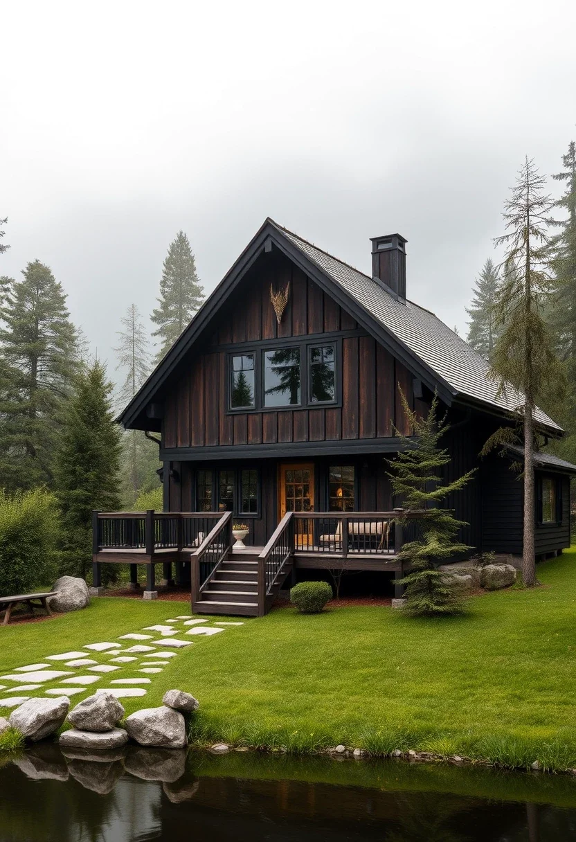 Dark-Stained Tudor-Style Home with Steeply Pitched Roof and Large Deck