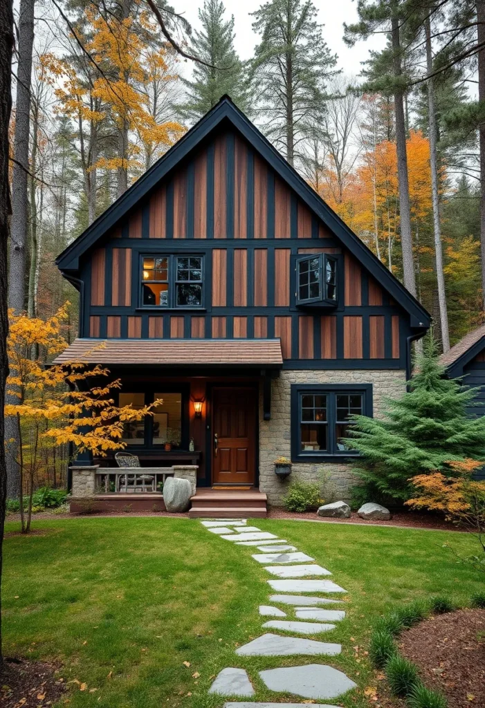 Tudor Cabin with Half-Timbering Surrounded by Fall Colors