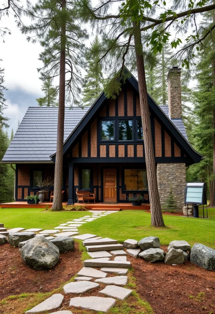 Tudor Cabin with Stone Chimney and Large Modern Windows