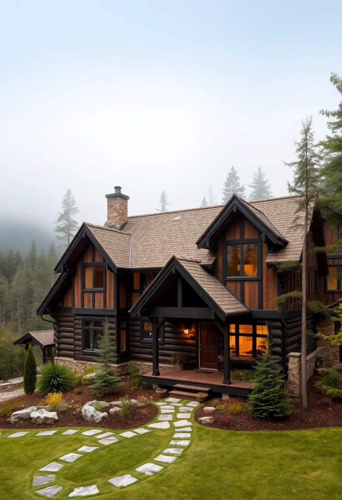 Spacious Log Cabin with Tudor-Style Gables and Dark Trim