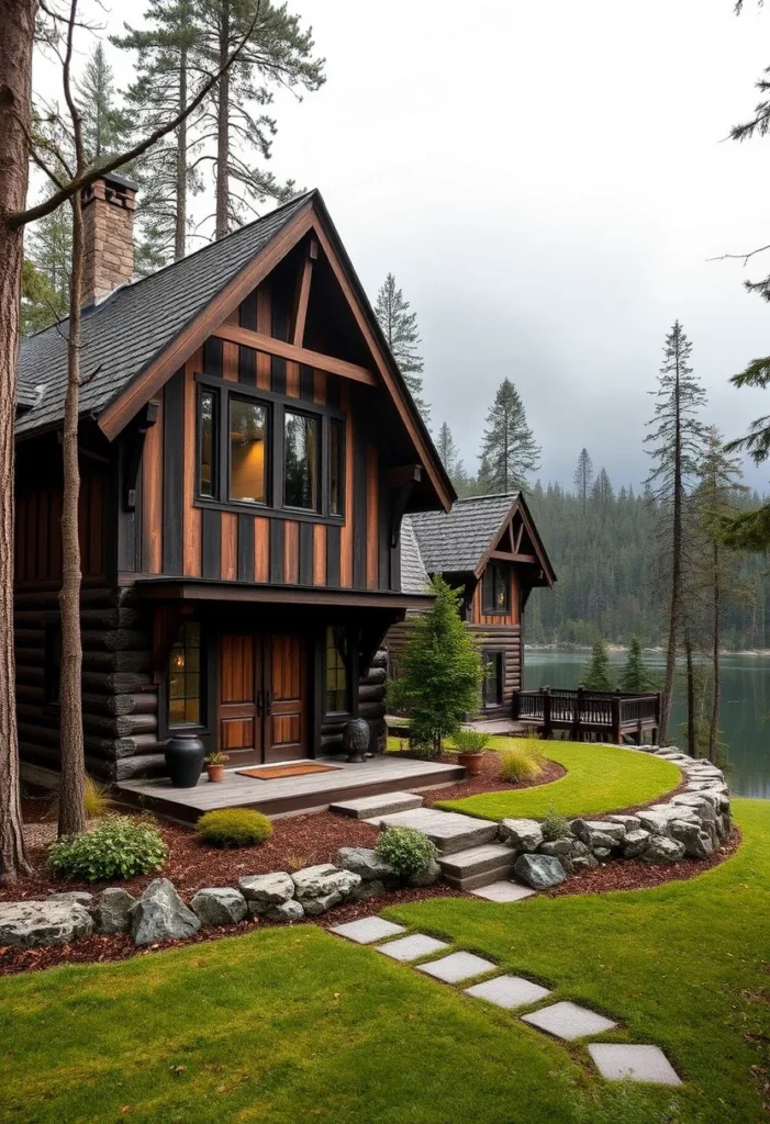 Log Cabin with Tudor Gable and Stone Retaining Wall by a Lake