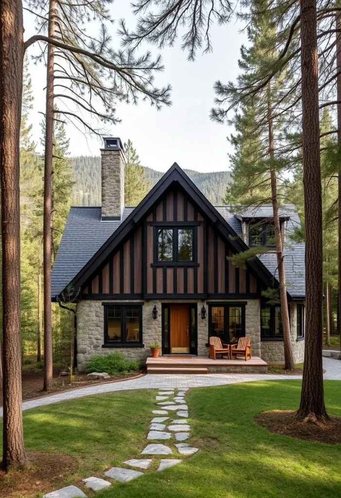 Stone Tudor Cabin with Steeply Pitched Roof and Welcoming Porch