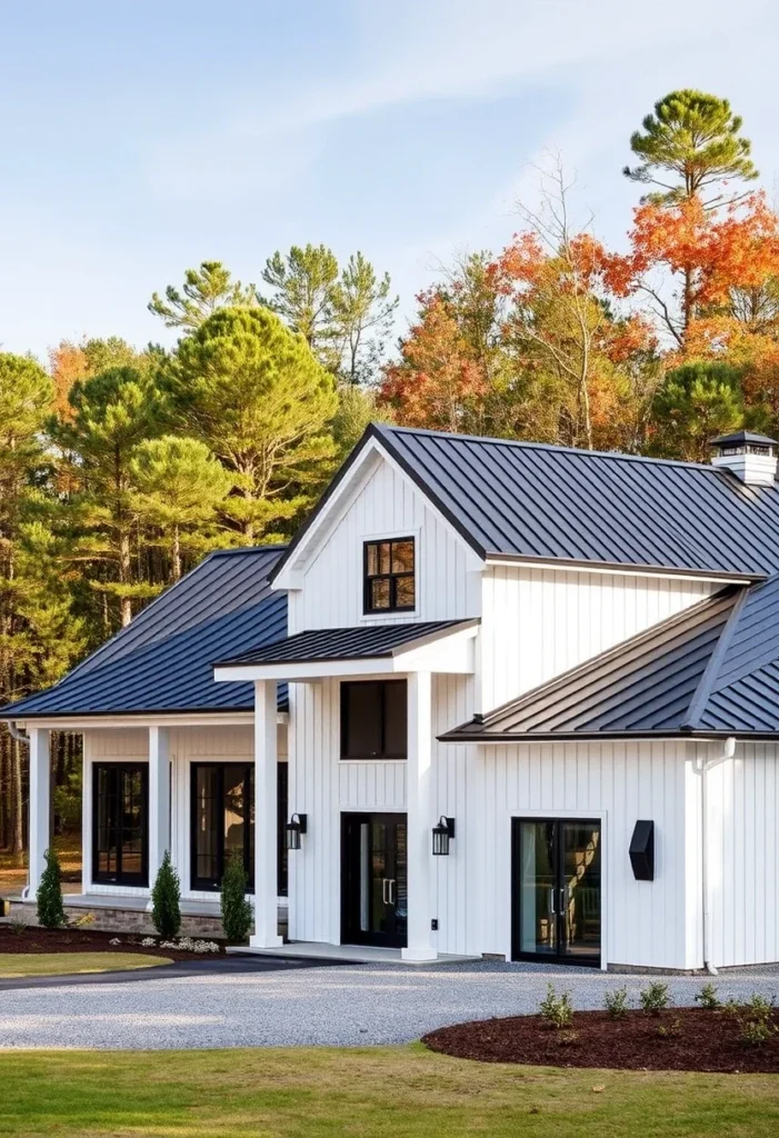 Modern White Farmhouse Exterior with Black Metal Roof, Vertical Siding