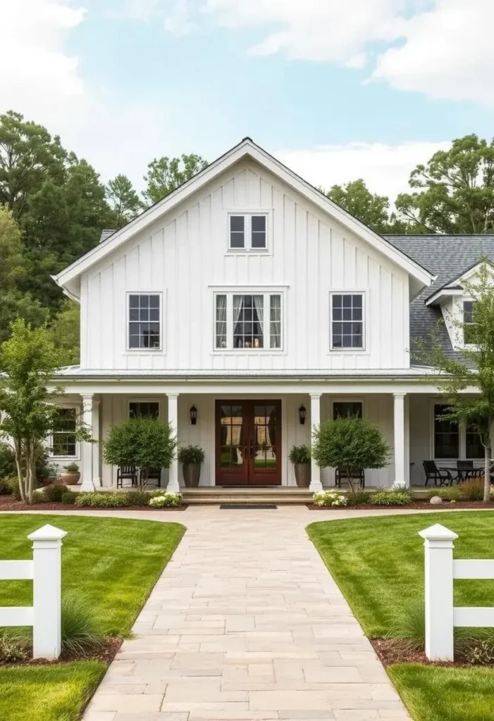 Exterior view of a white farmhouse with a wide front porch.