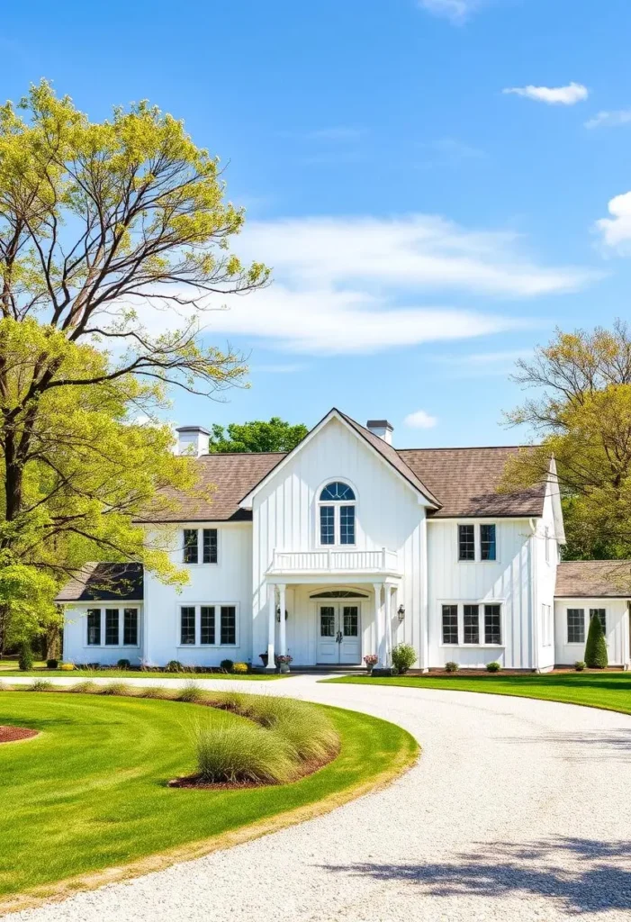 White farmhouse with a curved driveway and symmetrical windows.