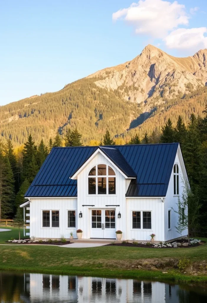 White Farmhouse with Black Metal Roof and Arched Windows