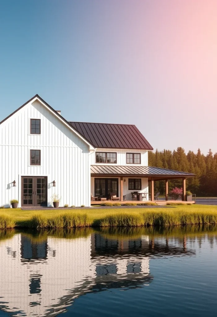 White Modern Farmhouse Barndominium Black Metal Roof