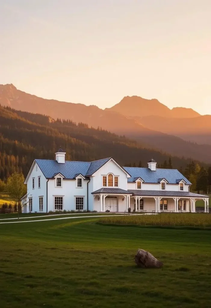 Modern white farmhouse with mountains in the background.