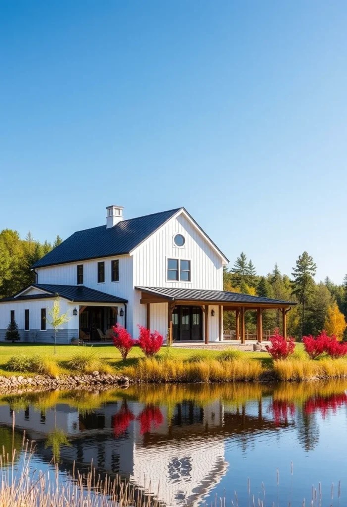 White Farmhouse Black Metal Roof Wrap-Around Porch Wood Columns