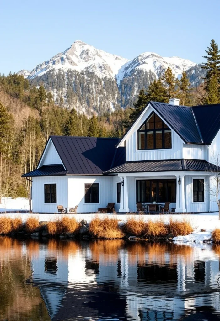 White Farmhouse with Deep Overhangs Black Metal Roof