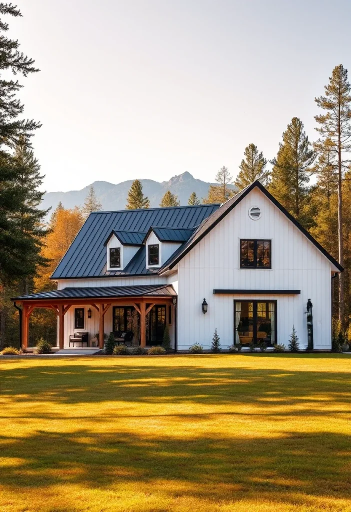 White Farmhouse with Dormers and Black Metal Roof