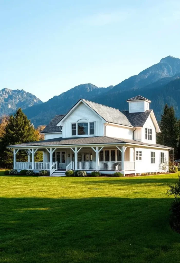 White farmhouse with a large wrap-around porch and mountain views.