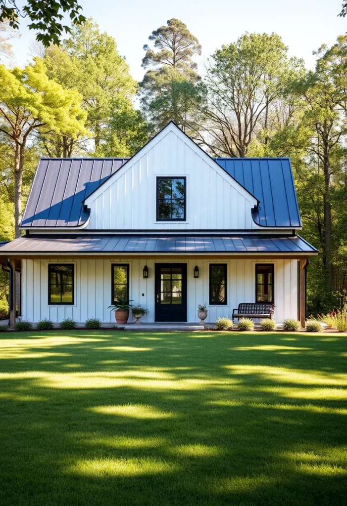 White Farmhouse Cottage Black Metal Roof Symmetrical Design