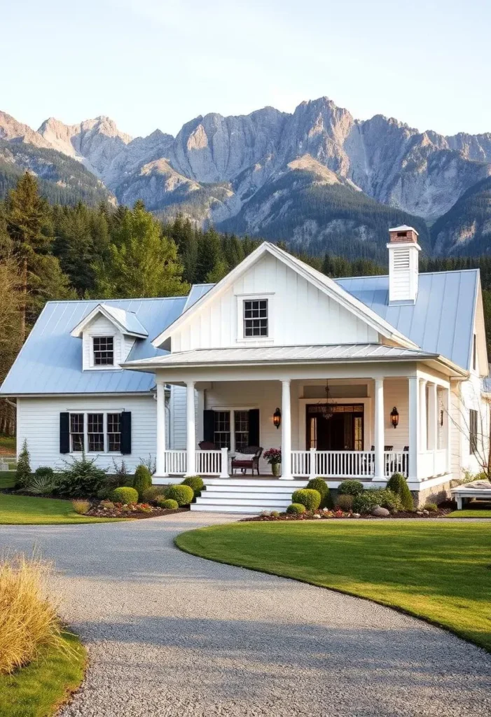 White farmhouse with multiple gables and a front porch, with mountains in the background.