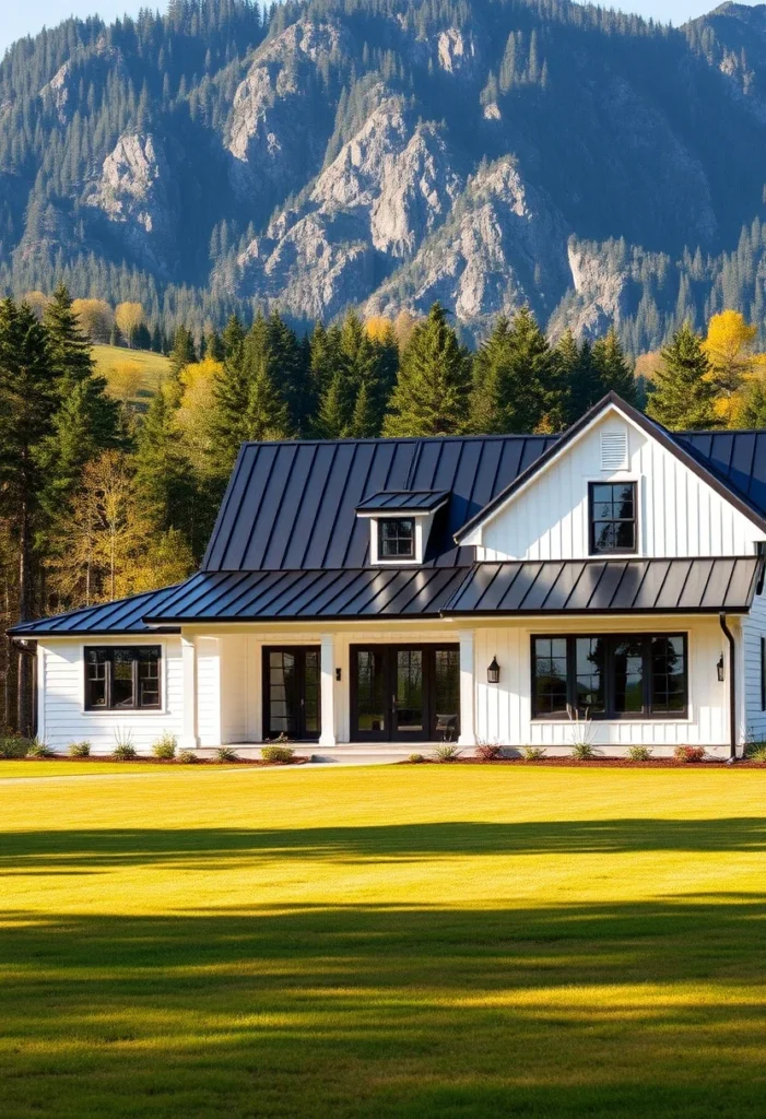 White Farmhouse with Mixed Siding and Black Metal Roof