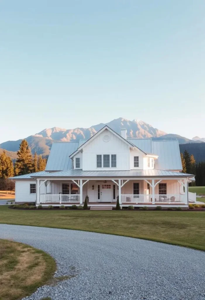 Symmetrical white farmhouse with a wrap-around porch and mountain view.