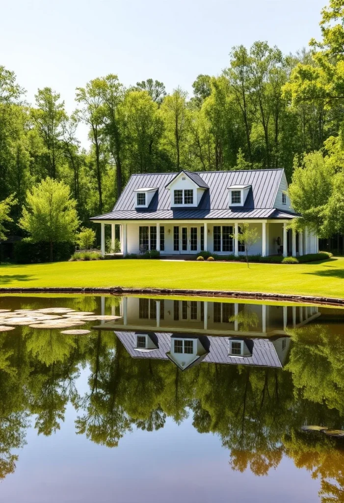 White Farmhouse with Black Standing Seam Metal Roof Waterside