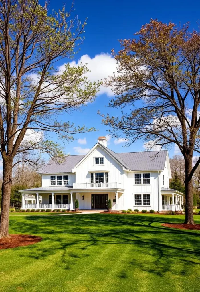 Large white farmhouse framed by tall trees.