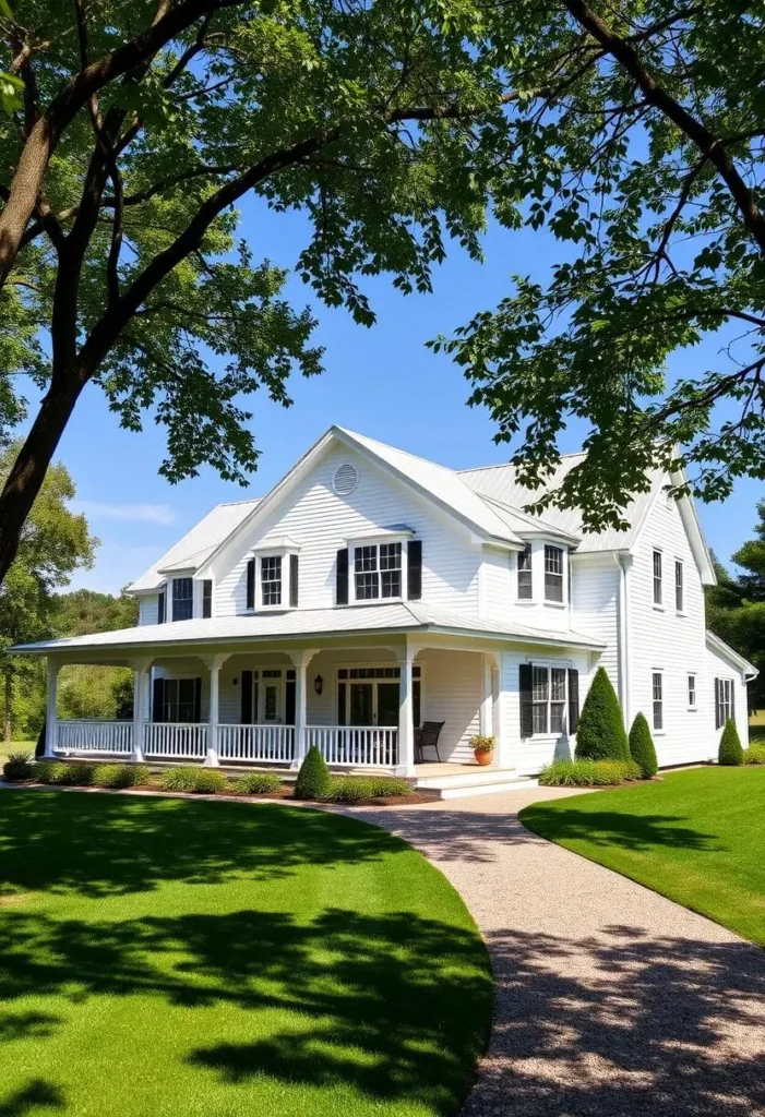 White farmhouse with a wrap-around porch, shaded by trees.