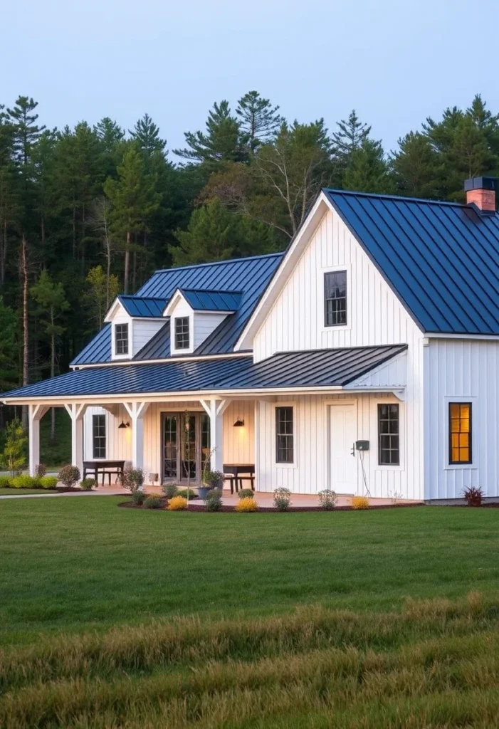 White Farmhouse with Black Metal Roof and Wrap-Around Porch