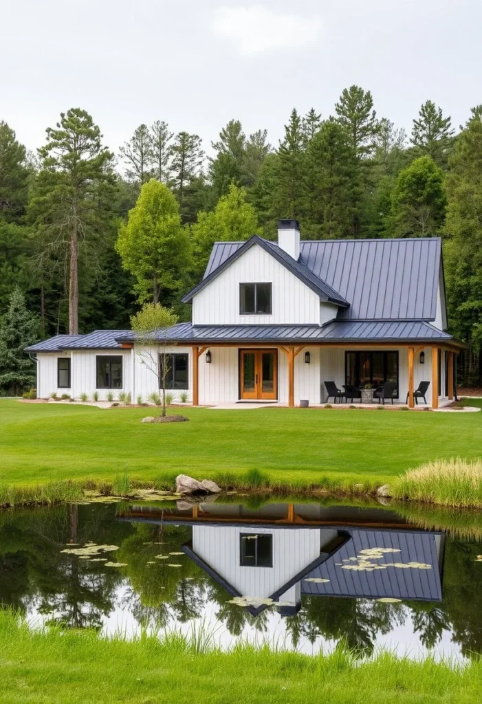 Modern White Farmhouse with Wood Accents and Black Metal Roof